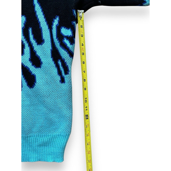 Y2K Flame Fire Sweater Black Blue Mens Knit Pullover - Picture 4 of 5